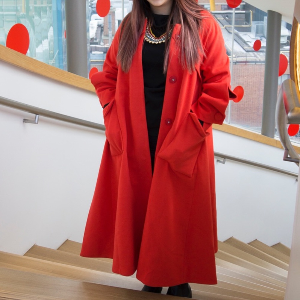 Women's Red Long Wool Coat - Classic A-Line Cape Style